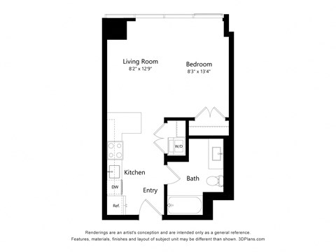 Floor plan for studio, 1 bath, 485 sqft
